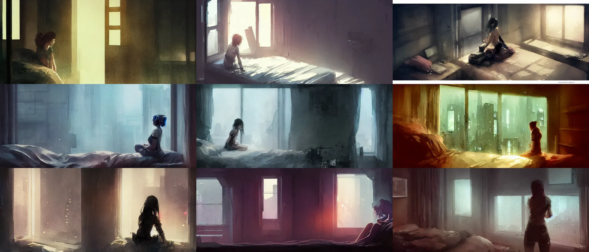 Prompt: character staring out window on bed, dark room bright city, dystopian city apartment, cyberpunk, scifi, high tech, dark lighting, digital art, smooth, vibrant watercolor, wenjun lin, pixiv, artgerm, greg rutkowski, yuumei, top down camera angle, wide shot, film grain