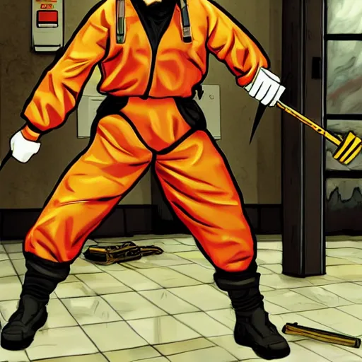 Prompt: Walter White is Gordon Freeman, wearing the HEV suit, wielding a crowbar ready to fight