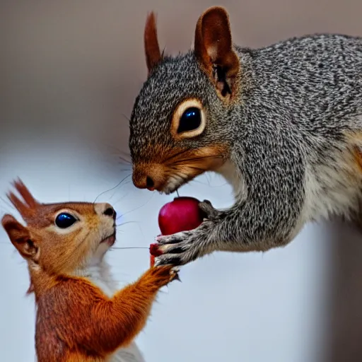 Prompt: Photo of a squirrel giving an apple to a bird