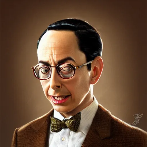 Prompt: portrait of Pee Wee Herman, elegant, intricate, headshot, highly detailed, digital painting, artstation, concept art, sharp focus, illustration, art by artgerm and greg rutkowski and alphonse mucha