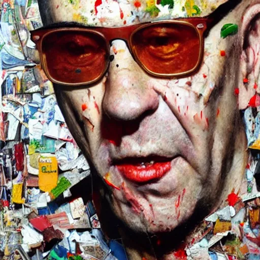 Image similar to hyperrealistic, photorealistic, mixed media oil painting of dr gonzo hunter s thompson, magazine scraps, plaster, blood, oil, mustard, cigarettes, splatter, trending on artstation, award - winning painting, greg rutkowski, basquiat, ralph steadman, terry gilliam