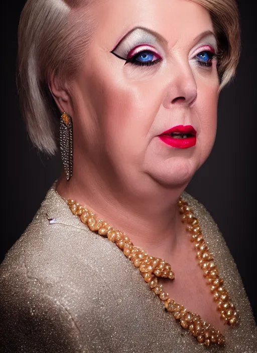 Prompt: studio portrait of lindsey graham in full drag dressed in drag dressed as a woman makeup, 8 k, studio lighting, key light, back light, sequents,