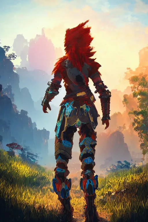 Image similar to combination suit armor aloy horizon forbidden west horizon zero dawn radiating a glowing aura global illumination ray tracing hdr fanart arstation by ian pesty and alena aenami artworks in 4 k tribal robot ninja mask helmet backpack