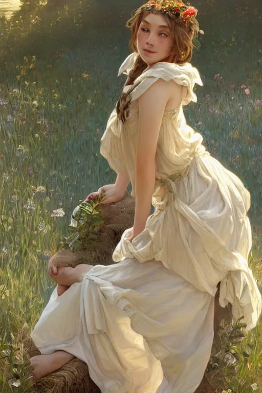 Image similar to beautiful cottagecore young peasant maiden, innocent, intricate, elegant, highly detailed, digital painting, artstation, concept art, smooth, sharp focus, illustration, art by artgerm and greg rutkowski and alphonse mucha
