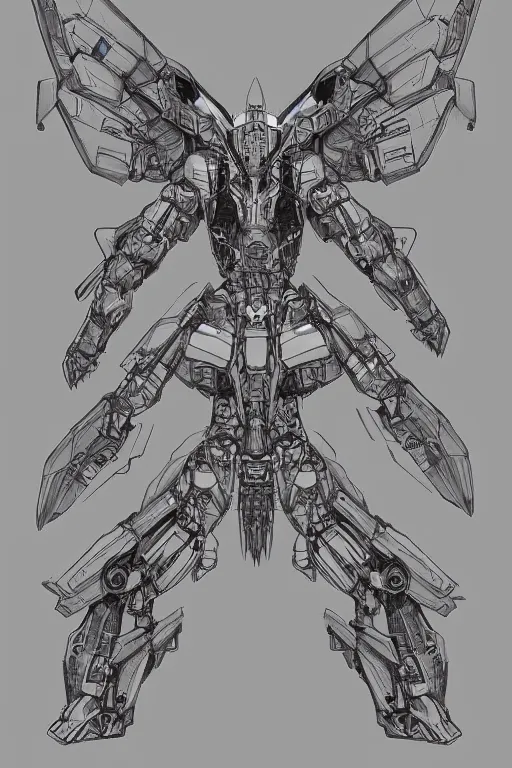 Prompt: very symmetrical!! full body illustrations of mecha, pen and ink, moderately detailed, concept art, wings spread, cyborg wing, artstation, deviantart, pinterest