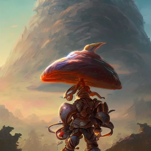 Image similar to Yoshi made of earth and molten metal with heavy knight armor in the style of anime by Peter Mohrbacher, Matte painting of mushroom kingdom landscape in background, colorful, cinematic, anime trending on artstation, HD, 4k,