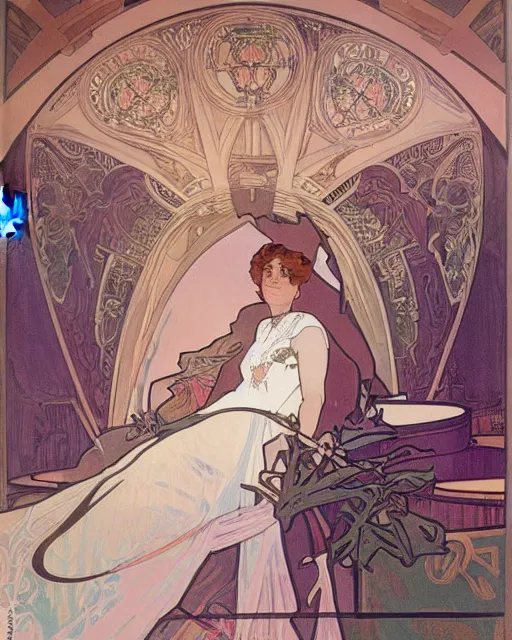 Prompt: painting alphonse mucha, the interior of an opera house, the audience in a dark hall, a singer in a white dress on a lighted stage with an orchestra, soft cinematic lighting, a palette of pastel colors