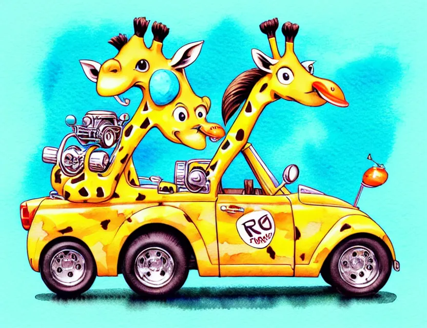 Prompt: cute and funny, giraffe riding in a tiny hot rod with oversized engine, ratfink style by ed roth, centered award winning watercolor pen illustration, isometric illustration by chihiro iwasaki, edited by range murata, tiny details by artgerm and watercolor girl, symmetrically isometrically centered