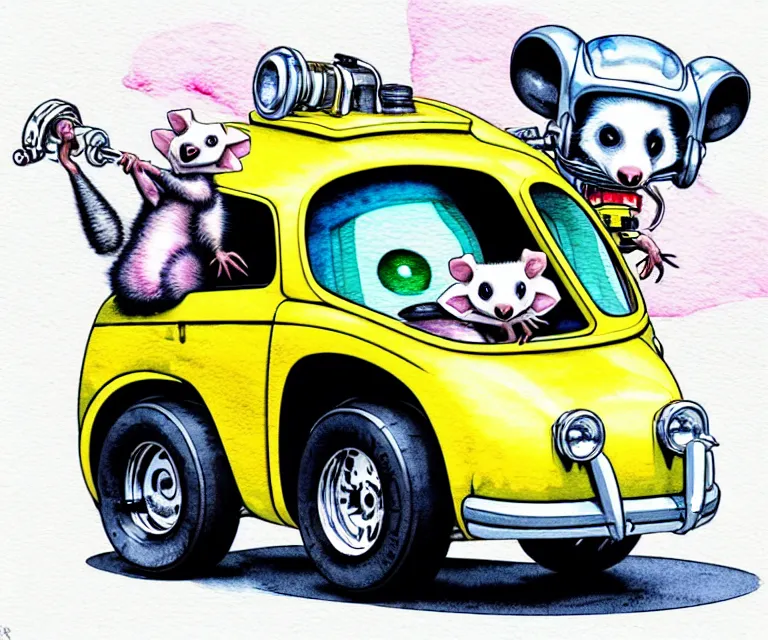 Image similar to cute and funny, opossum wearing a helmet riding in a tiny hot rod with oversized engine, ratfink style by ed roth, centered award winning watercolor pen illustration, isometric illustration by chihiro iwasaki, edited by range murata, tiny details by artgerm and watercolor girl, symmetrically isometrically centered, focused