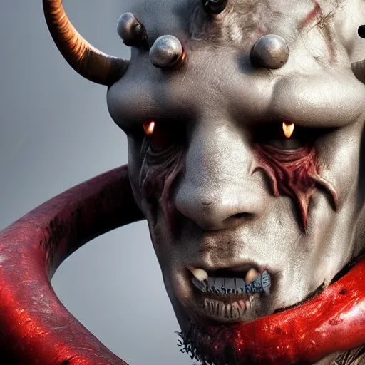 Prompt: hyper realistic knight with bull horns coming out of eye sockets, red, artstation, 8 k render, octane, fueled by caffeine : : tim burton