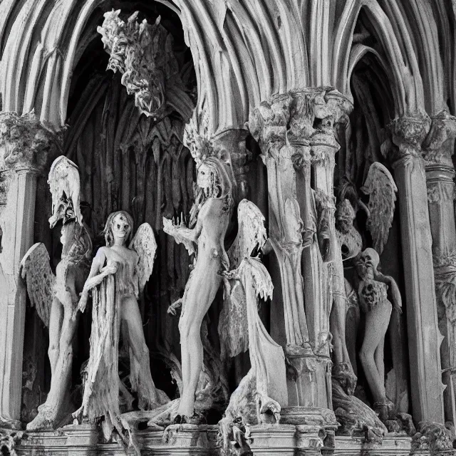 Image similar to gothic temple made of flesh, blood temple, renaissance gothic detailed angel statues, 8 0's horror movie film still, highly detailed, award - winning photography, 1 2 0 mm