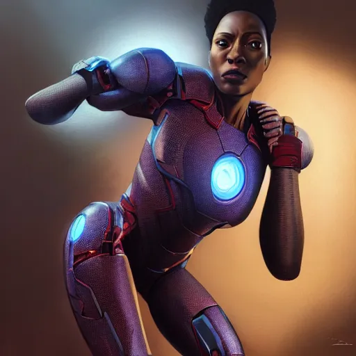 Image similar to highly detailed an african american woman in with the ironman random suit from the future gta v, stephen bliss, unreal engine, fantasy art by greg rutkowski, loish, rhads, ferdinand knab, makoto shinkai and lois van baarle, ilya kuvshinov, rossdraws, tom bagshaw, global illumination, radiant light, detailed and intricate environment