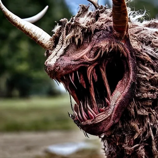 Image similar to horror, hd photography, a monstrous mutant goat creature is galloping across a muddy medieval village square in daylight, filthy matted fur, human eyes, disturbing, mutated, crocodile - like teeth