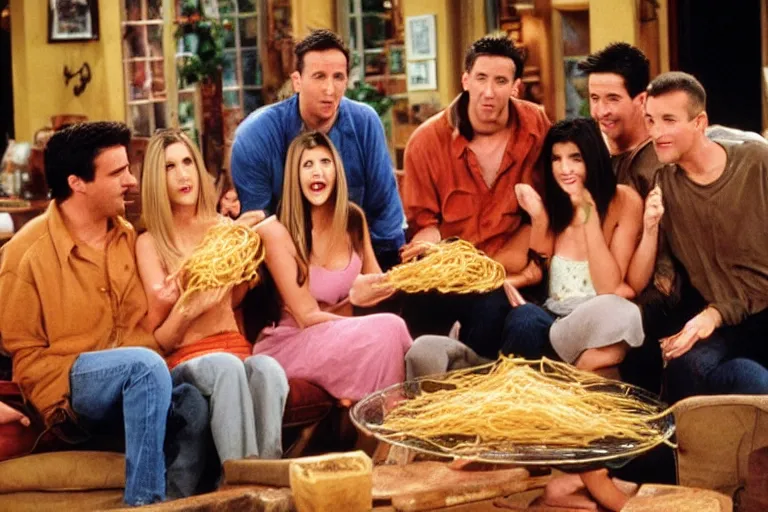 Image similar to the episode of Friends where everyone gets covered in spaghetti