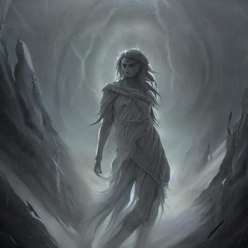 Image similar to grey humanoid wind spirit, epic fantasy style, in the style of Greg Rutkowski, mythology artwork