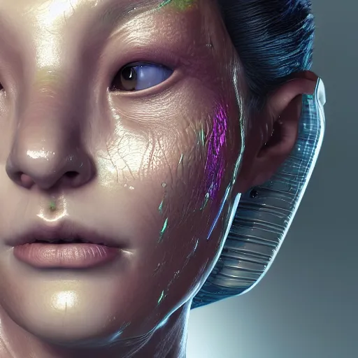 Prompt: a close up of a female face with plastic skin, sci-fi style, 3d digital art, high quality render, unreal engine 5, washed colors, Chie Yoshii, octane render,