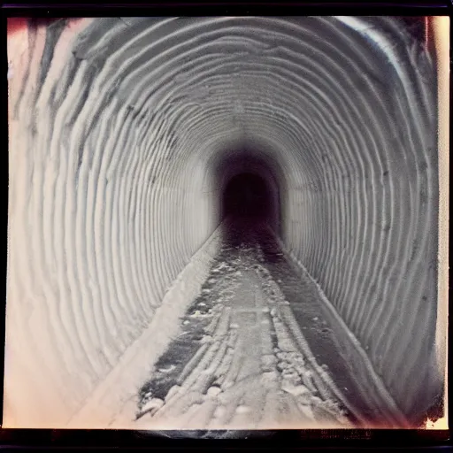 Image similar to a dark and narrow ice tunnel, dark, creepy, eerie, unsettling, terrifying, old polaroid, expired film, deep,