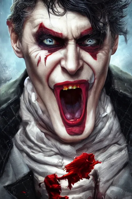 Image similar to vladimir putin as a joker, realistic, high definition, 4 k, shimmering color, hyper detailed, art of greg rutkowski and magali villeneuve and artgerm