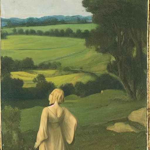 Prompt: “blond woman standing in foreground back to us with flowing blond hair staring at pastoral green countryside”