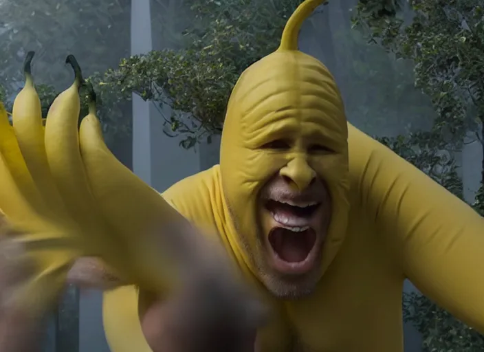 Prompt: man freaks out as he turns into a banana. Highly detailed. 8k. Fantasy horror.