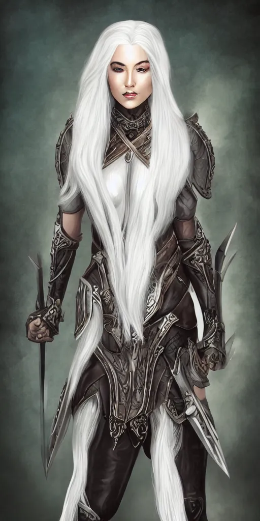 Prompt: white haired elven woman, hunting outfit, full body leather armor, portrait, centered, muscular, fantasy, highly detailed, sharp, digital painting,, cell shading