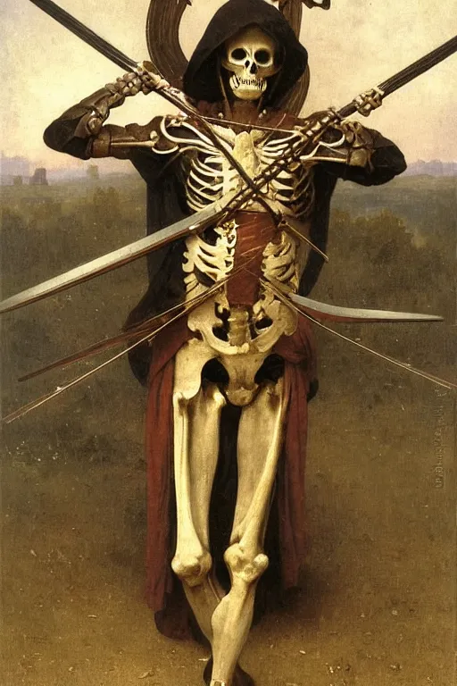 Image similar to portrait of a skeleton archer with bow and arrow in the middle world, wearing helmets with wings, wearing european style armor, holding a sword in both hands, symmetrical, solemn, sacred, aura, by bouguereau