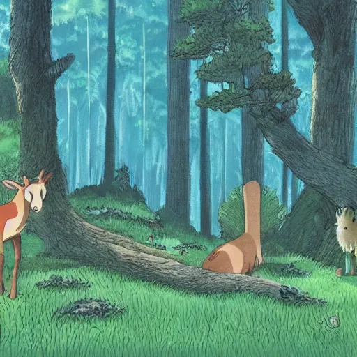 Prompt: idyllic forest with some animals illustration artwork by studio ghibli - n 4