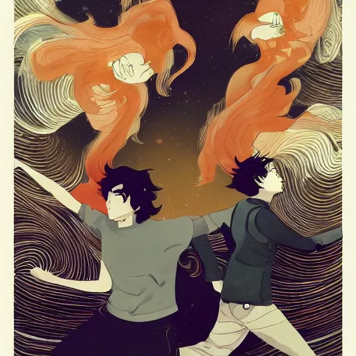 Prompt: a drawing of a young man with brown hair and a young muscular man with orange hair running frantically together, a poster by victo ngai and krenz cushart, pixiv contest winner, art nouveau, official art, wiccan. colorful. xiao tong. detailed. beautiful.