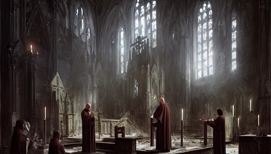 Image similar to a dark priest conducts rite of baptism, destroyed church, blood, symbols, religion, death, fear, horror, ultra realistic, hyperrealism,, fine details, detailed and intricate environment, by stephan koldi, by marc simonetti, 4 k