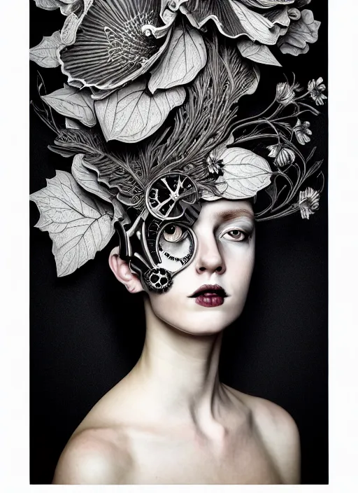 Image similar to monochrome profile portrait painting, dutch masters, silver lace floral steampunk biomechanical beautiful one techno eye young female cyborg, big monocular, volumetric light, leaves foliage and stems, hibiscus flowers, alexander mcqueen, rim light, big gothic fashion pearl embroidered collar, 8 k