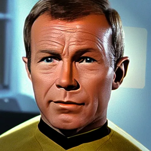 Prompt: photograph of captain j. kirk from star trek in absolute disbelief, shocked, mouth wide open, hands against his face. sharp photograph, sharp focus, highly detailed,, detailed face!!, ultra realism, dramatic lighting, zeiss lens, canon eos, detailed skin, dynamic pose, 8 k resolution, hyperrealism, portrait photography