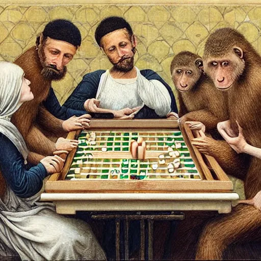 Prompt: churning versacci, starbucks by dino valls, by louis icart. a beautiful painting of a group of monkeys playing backgammon. the monkeys are seated around a table, with some of them appearing to be deep in concentration while others appear to be playing more casually.