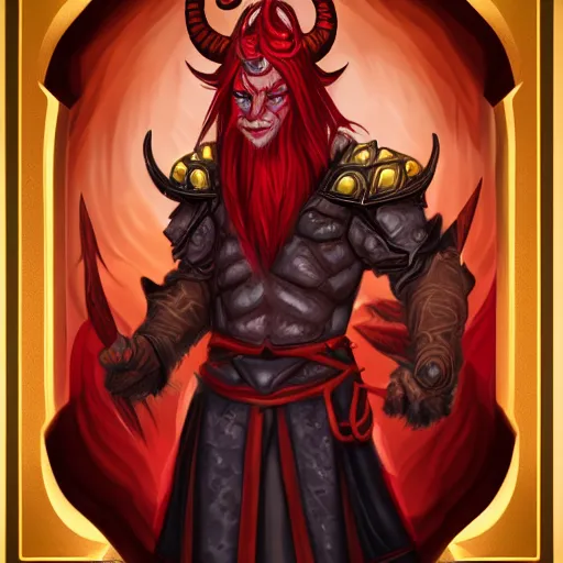 Image similar to dnd style portrait of a tiefling, male, red scales, red skin, a big black beard, completely golden eyes, 2 black ram horns growing out of his forehead,