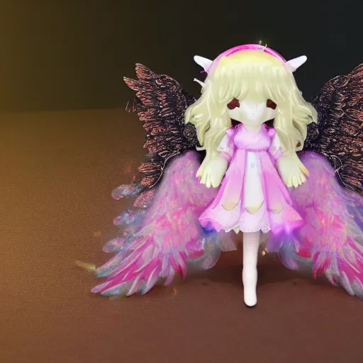 Image similar to cute fumo plush of a divine angel, gothic maiden, ribbons and flowers, ruffled wings, feathers raining, particle simulation, clouds, vray, outline glow lens flare