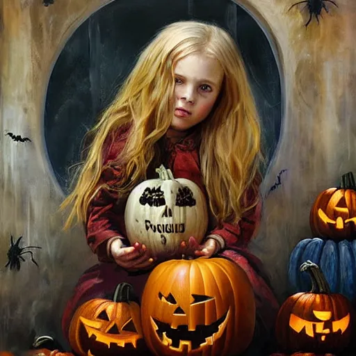 Image similar to a little girl with long golden blonde hair and blue eyes sitting amidst halloween decor, pumpkins, skulls. beautiful painting by raymond swanland and magali villanueve, beautiful detailed face.