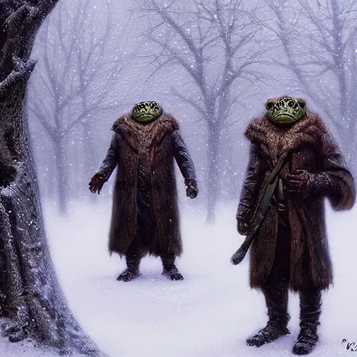 Prompt: anthropomorphic turtle humanoid, greg rutkowski, tim hildebrandt, winter, snow, night, furs, fantasy