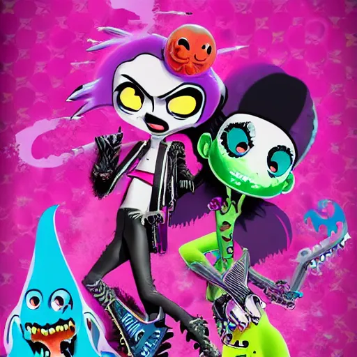 Image similar to lisa frank gothic emo punk vampiric rockstar vampire squid with translucent skin concept character designs of various shapes and sizes by genndy tartakovsky and the creators of fret nice at pieces interactive and splatoon by nintendo for the new hotel transylvania film starring a vampire squid kraken monster