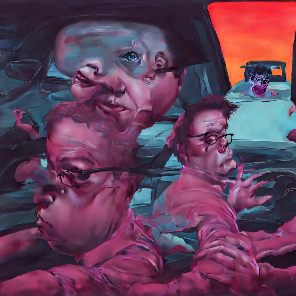 Prompt: weird and disturbing portrait of todd solondz driving a car in new york, vivid colors, death, neon, art by ( ( ( kuvshinov ilya ) ) ) and wayne barlowe and francis bacon and artgerm and wlop and william - adolphe bouguereau