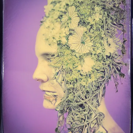 Image similar to a beautiful detailed front view portrait of a rotten woman corpse with plants and fractal flowers growing around, volumetric light, beautiful lit, polaroid photography