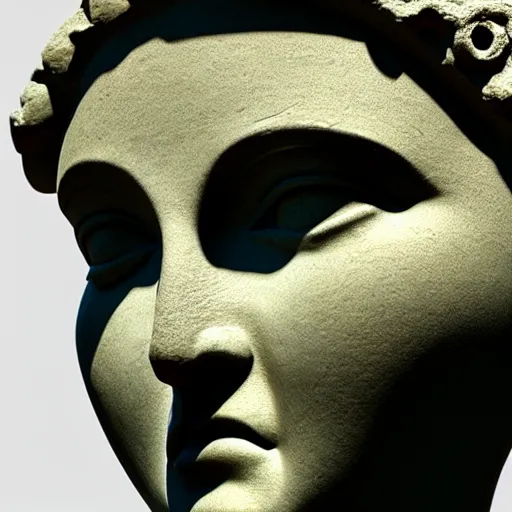 Image similar to close up of an ancient greek statue of a female goddess, highly detailed, hd, photorealism, brutalism, broken, rendered in cinema 4 d