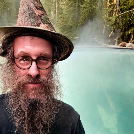 Prompt: photograph of a wizard lizard man at oregon hotsprings