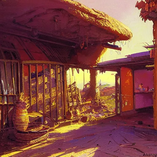 Image similar to painting of syd mead artlilery scifi organic shaped small shop with ornate metal work lands on an african farm, african ornaments, brutalist architecturevolumetric lights, purple sun, andreas achenbach