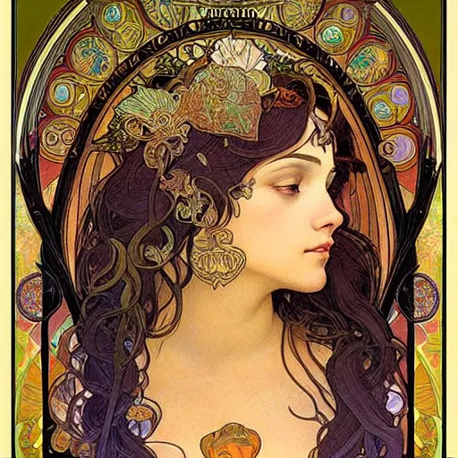 Prompt: realistic detailed face portrait of a beautiful young goddess of the sacred lotus by Alphonse Mucha, Greg Hildebrandt, and Mark Brooks, gilded details, spirals, Neo-Gothic, gothic, Art Nouveau, ornate medieval religious icon