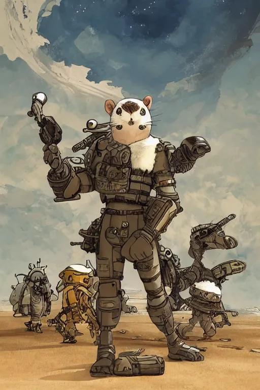 Image similar to anthropomorphic rodent with white and black ancestral ornate japanese tactical gear on an abandonment desert planet, high intricate details, long shot, rule of thirds, golden ratio, graphic novel by fiona staples and dustin nguyen, by beaststars and orange, peter elson, alan bean, studio ghibli, makoto shinkai