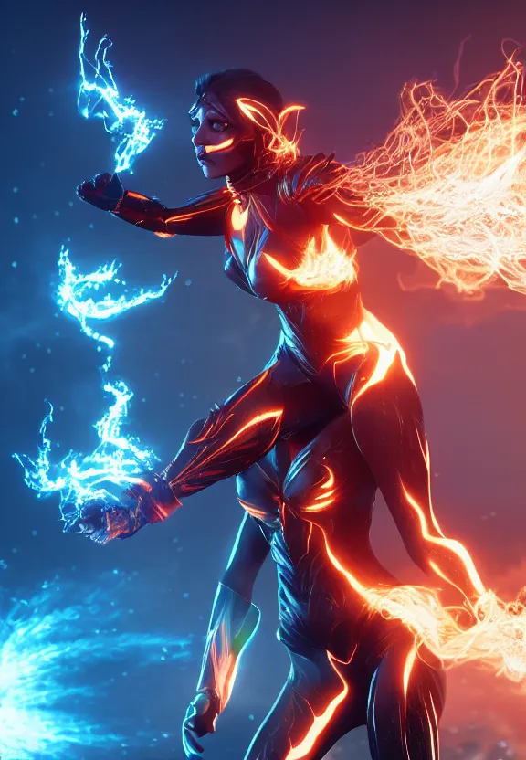 Image similar to vfx, octane render, zbrush, beautiful woman wearing spandex armour with flowing fire hair and glowing eyes, super hero full body action pose casting a fireball in space, volumetric lightning, highly detailed, UE5 render, art station, center of picture.