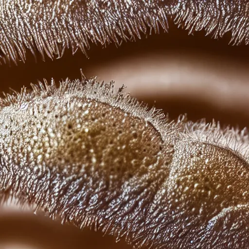 Prompt: a macrophotograph closeup of eyelash mites on a human