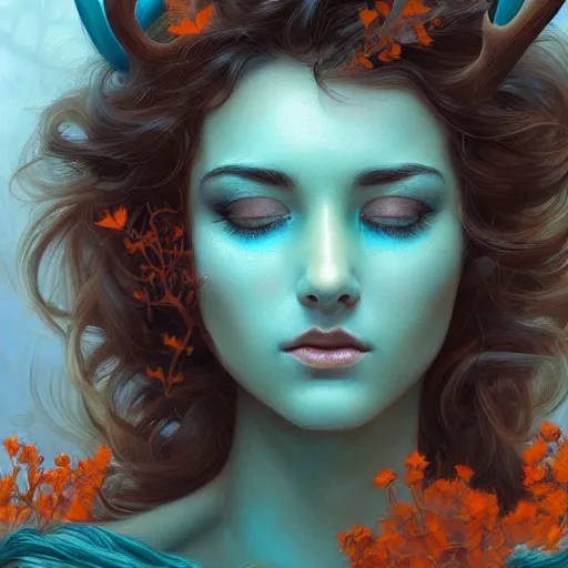 Image similar to beautiful digital painting of a beautiful woman with teal skin and antlers made of wood on her head, brown curly hair with orange oak leaves, D&D, fantasy, intricate, beautiful eyes, cinematic lighting, highly detailed, digital painting, Artstation, concept art, smooth, sharp focus, illustration, art by Artgerm and Greg Rutkowski and Alphonse Mucha