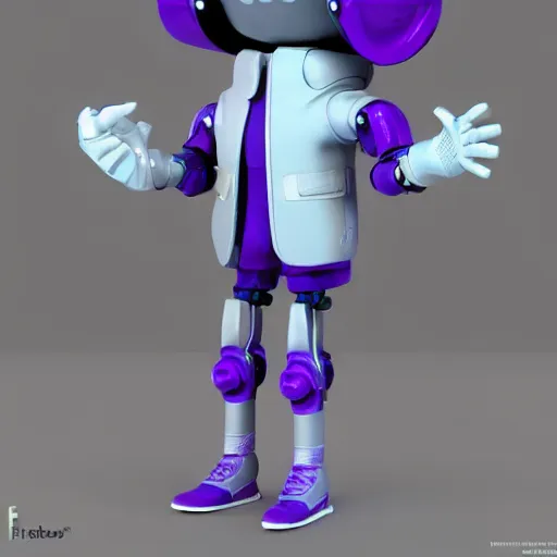 Image similar to kid robot with purple jacket design by fabricio campos and lidia morales, character modeling, toy design, substance 3 d painter, blender, mental ray, zbrush, trending in behance