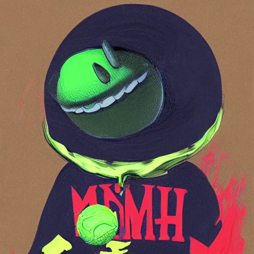 Image similar to a Eminem, marshal Mathers, slim shady tennis ball monster, tennis ball, chalk, digital art, fantasy, magic, trending on artstation, ultra detailed, professional illustration by Basil Gogos