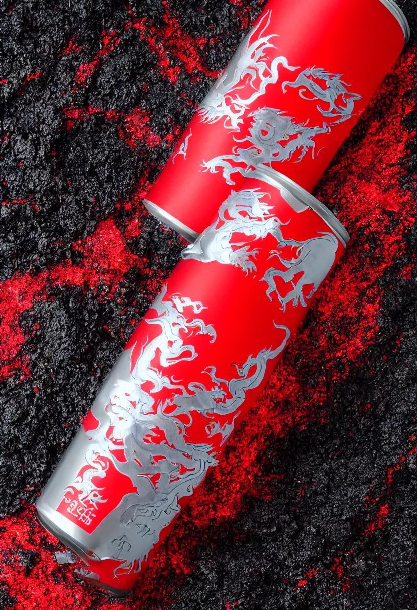 Prompt: one single giant aluminium can of a dragon-flavored energy drink, silver and red design, professional studio photography, black sand and red lava background, packshot